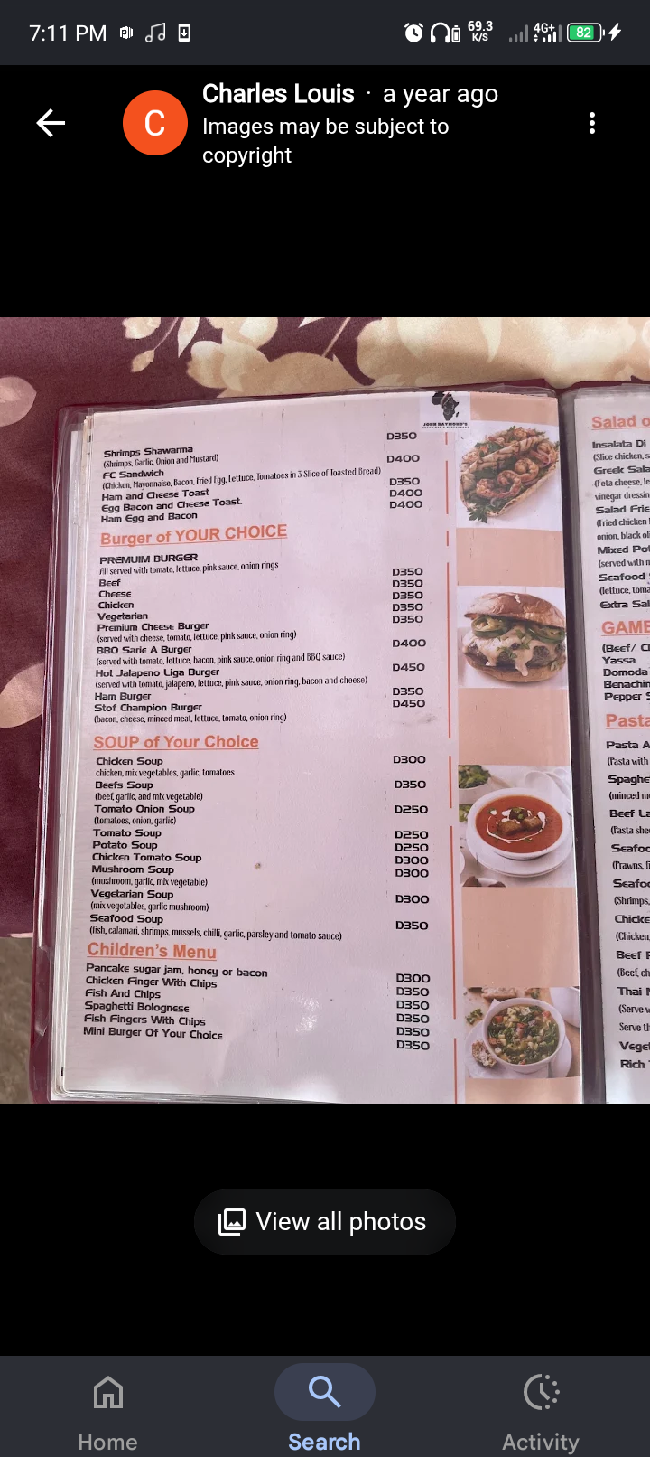 Menu at John Raymond's featuring burgers, soups and children's menu