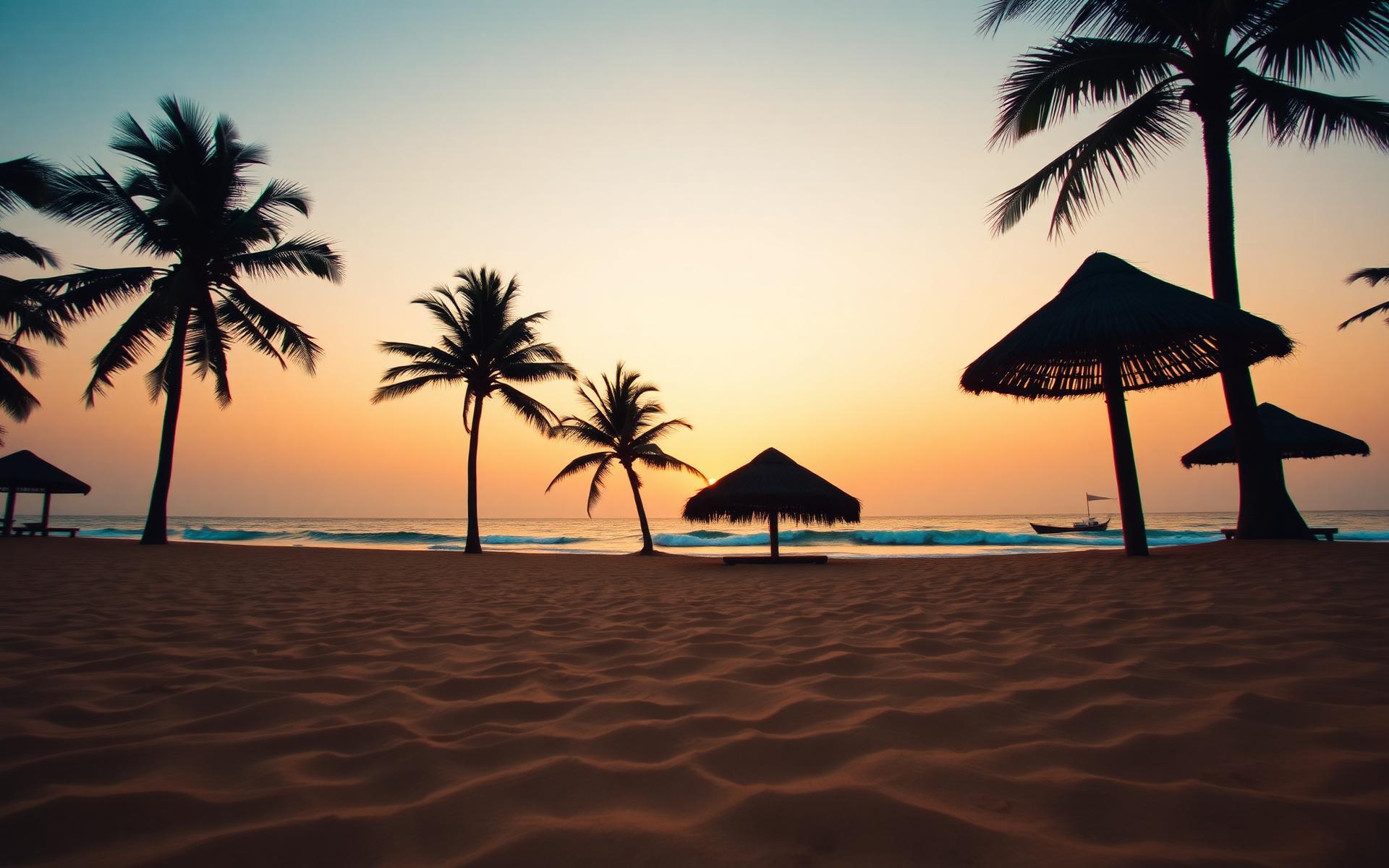 Sunset over a serene Gambian beach with palm trees and thatched umbrellas